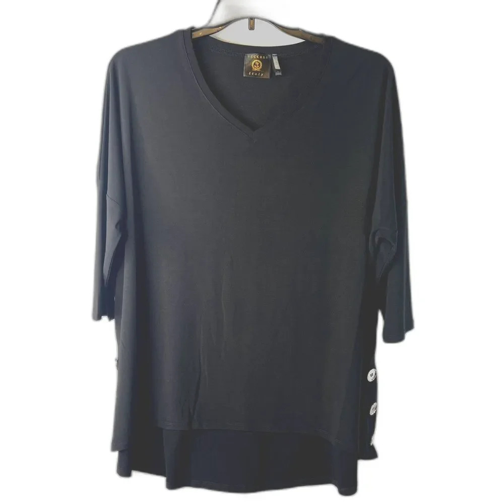 Vecceli Italy Top Black V-Neck 3/4 Sleeve Side Button Layered Hem Size Large